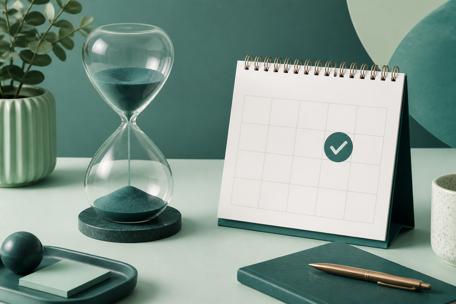 Hourglass and calendar still life suggesting time limits
