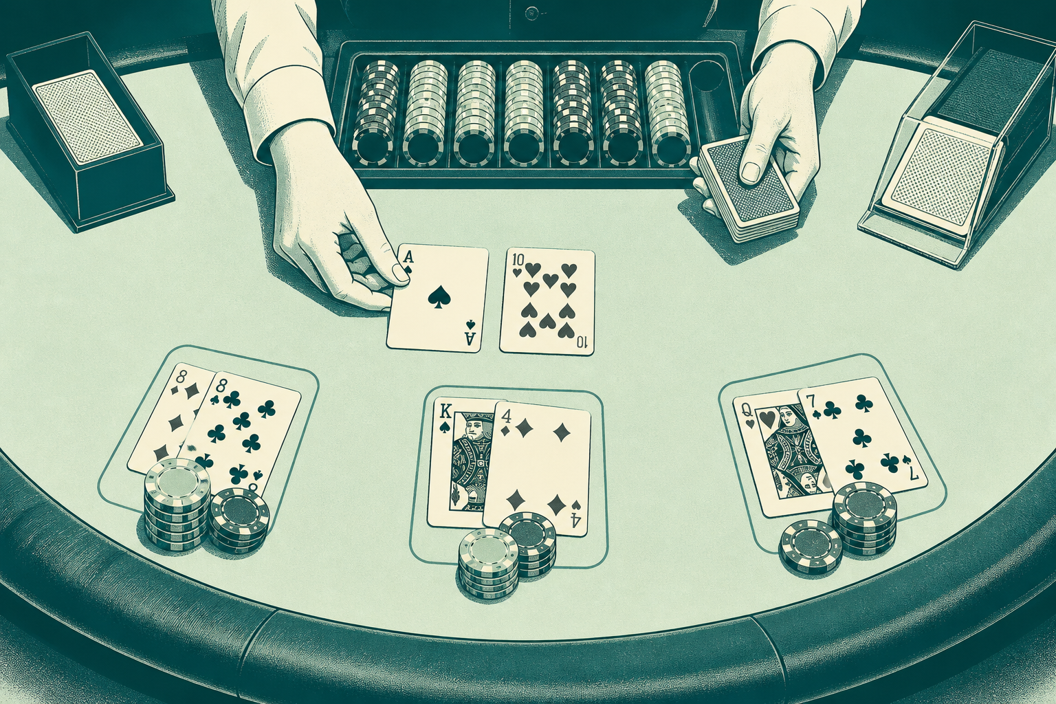 Top-down stylised live table with chips and cards