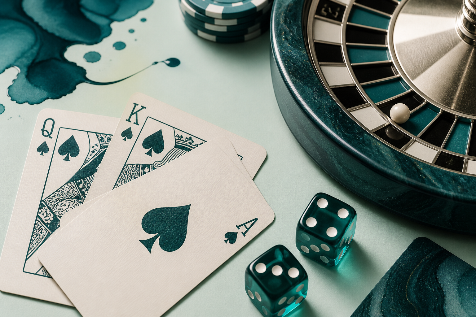 Editorial still life of cards, dice and a roulette segment